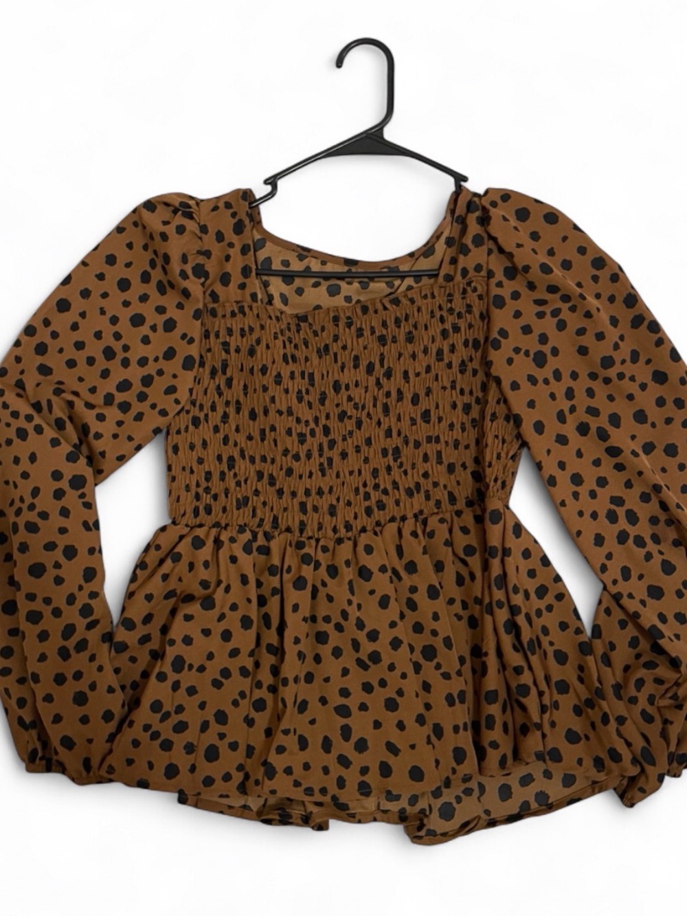 Smocked Long-Sleeve Peplum Top - Brown/Black